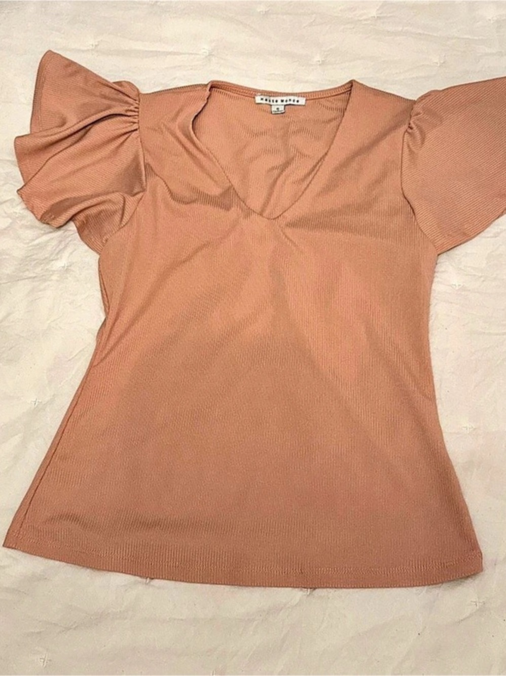 Haute Monde Ribbed Flutter Sleeve V-Neck Top in Pink Like New